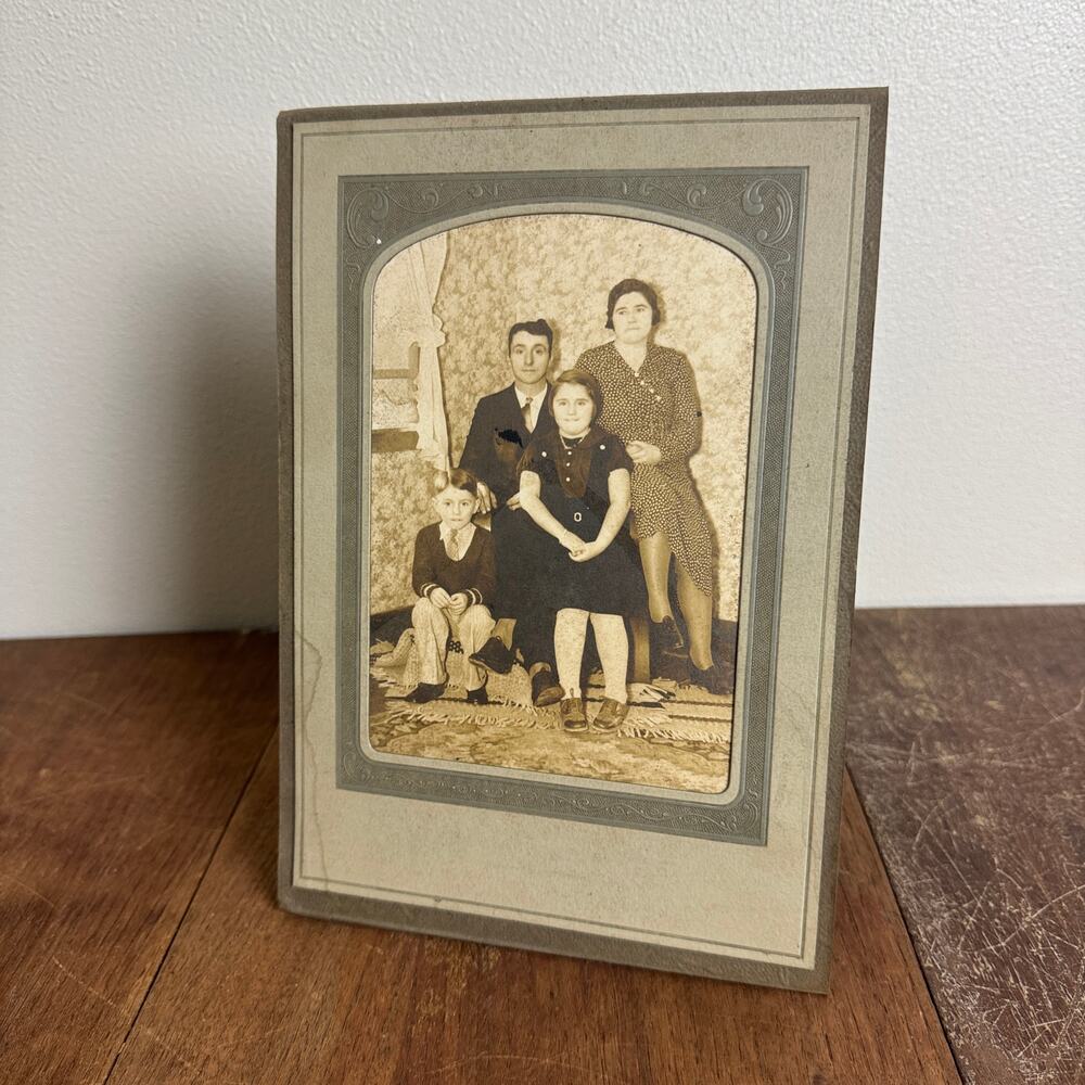 Vintage 1940s Family Portrait Snapshot Photograph in Folding Card Stand